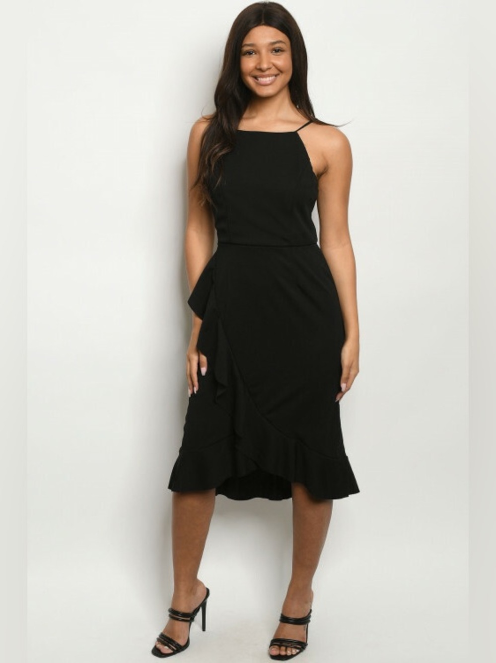 Emory Park Ruffle Trim High Low Cocktail Dress Black Double Strap - Size S